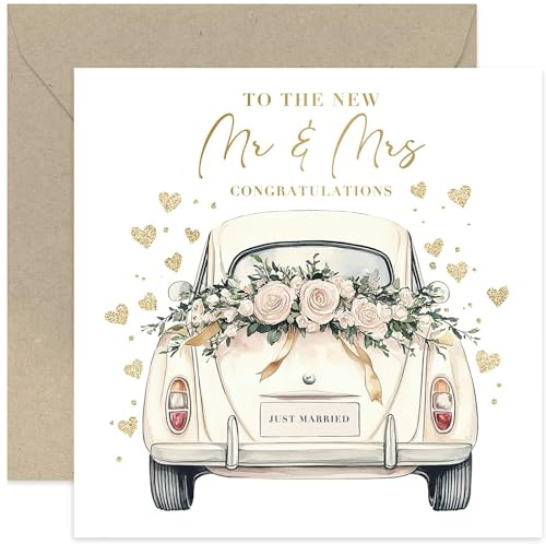 Premium Square Wedding Day Cards for Bride and Groom - Traditional Vintage Cream Car with Gold Love Hearts - Congratulations to the New Mr and Mrs - Blank Inside with Envelope