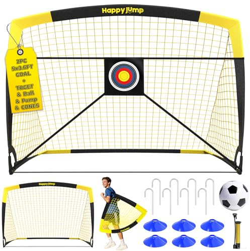Happy Jump 2 Porte da Calcio 152x110 CM – Con Pallone, Bersaglio, Pompa e Coni | Rete Pieghevole da Giardino per Allenamento Outdoor e Idea Regalo
