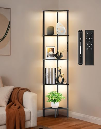 OUTONLIFE Libreria con Scaffale in Legno a 5 Ripiani e Luce LED Dimmerabile, Touch e Telecomando, 3 Temperature di Colore, Timer 1h, Lampada da Terra per Soggiorno, Camera o Ufficio