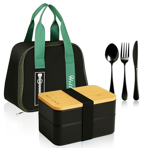 Lunch Box 2 Compartiments avec Sac isotherme & Couverts Métal – Bento Étanche Bambou Éco – Boîte Repas Chaud/Froid Bureau, École, Travail – Sans BPA + Essuie de Rangement