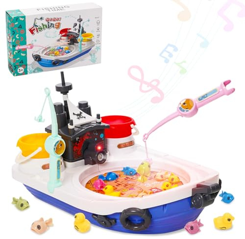 Juguete de Pesca Eléctrico, Juego de Pesca Infantil con 8 Peces, 2 Patos y 8 Tiras de Caña, Juego Musical y Giratorio con Efecto de Niebla, Juguetes Montessori Regalo para Niños y Niñas 3 4 5 Años