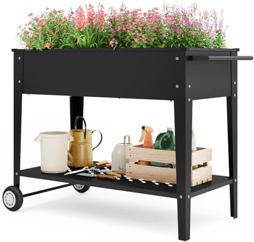 Xbro Huerto Urbano con Ruedas y Estante Inferior, Jardinera Elevada de Metal para Plantas, Flores y Verduras, Macetero Móvil para Terraza, Balcón y Jardín, 104 x 41 x 80 cm, Negro