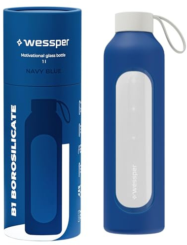 Wessper glasflaska med silikonhölje, borosilikatglasflaska med tidsangivelse 1 liter, sportflaska Perfekt för träning, skola, sport, barn, BPA-fri drickmotivation- Blå