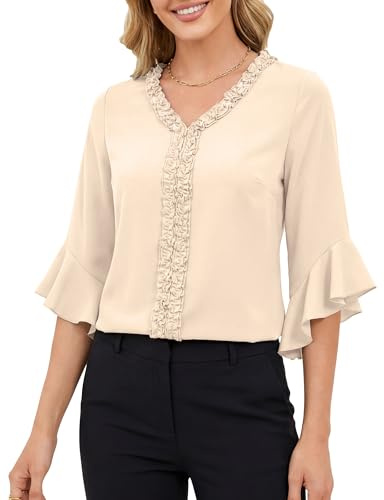 Women's 3/4 Bell Sleeve Ruffle Trim Dressy Casual Blouses, Large Apricot