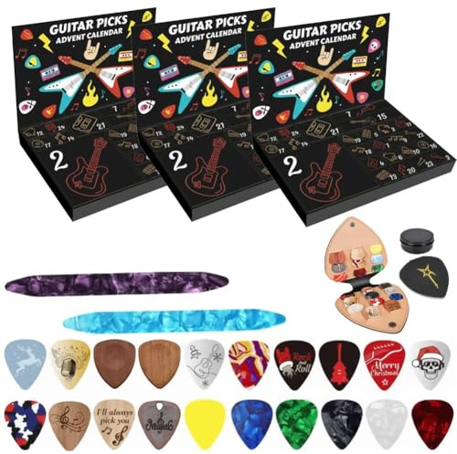 Gitarrplektrum adventskalender 2025, 24-dagars nedräkning jul med 20 celluloid- och träplektrum, 2 ud-plektrum, plektrumhållare och metallburkfodral, julgåva för gitarr, bas, ukulele-spelare (3)