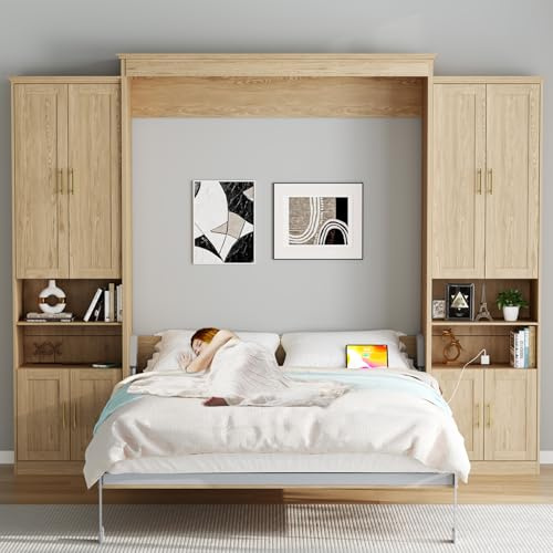 Rophefx Murphy Bed Queen with 2 Side Cabinet Storage Shelves, Queen Wall Bed Cabinet with USB Port, Wood Foldable Platform Bed Frame, Space Saving Beds, Hidden Bed for Guest Room, Natural Wood Color