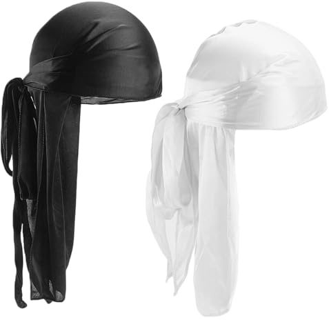2 Piezas Durag Hombre de Seda Satinada Elástica, Bandana Pirata Unisex con Cola Larga y Tirantes Anchos, Accesorio Hip-Hop para Uso Diario Hombre Mujer