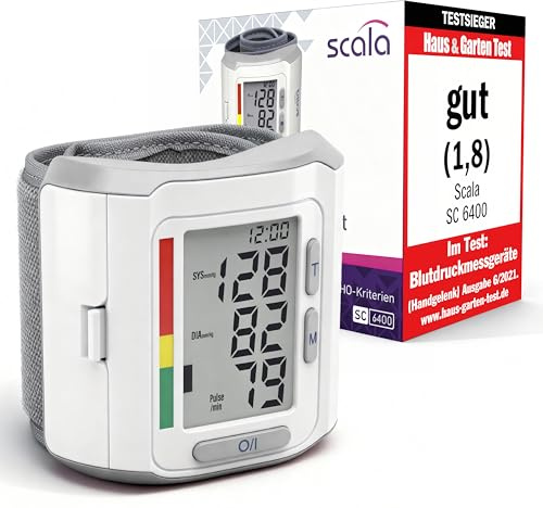 scala SC 6400 silver handled blodtrycksmätare – exakt blodtrycksmätare med WHO-indikator och 85 minnesplatser – Fuzzy Logic-teknik – inkl. Box & batterier – manschett 13,5–19,5 cm