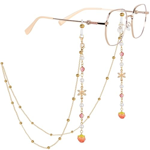HONZUEN Cordon Lunettes Femme Doré – Chaine Perlé avec Cristal Rose et Breloque Fraise – Maintien Anti-Perte Style Esthétique Sucré pour Lunettes de Soleil et Lecture