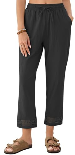 Famulily Women's Cotton Linen Trousers Slightly Cropped Pants with Pockets Lace Hem for Summer Beach Holiday