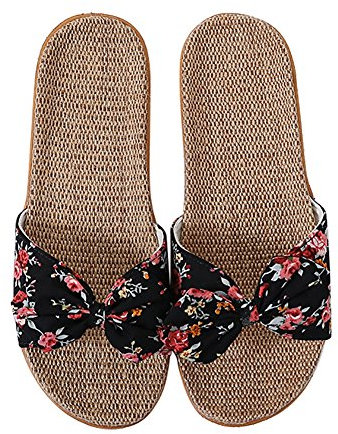 IBLUELOVER Pantoufles Femme Sandales Plage en Lin Chaussons Antidérapantes Tongs Décoration de N½uds Papillons Chaussures Bout Ouvert Respirant Slippers Salle de Bain Piscine Maison Bureau