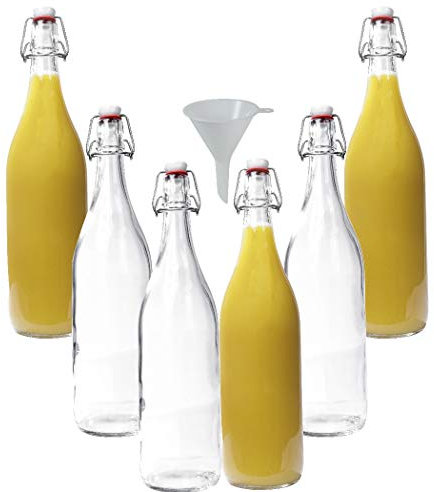 mikken Lot de 6 bouteilles en verre avec bouchon mécanique en porcelaine 1 l + entonnoir