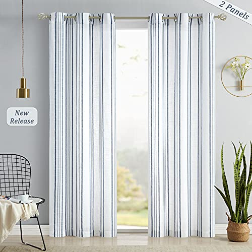 SXZJTEX White and Blue Linen Textured Striped Curtains 84 inch Long for Living Room Bedroom Farmhouse Ticking Pinstripe Sheer Curtains Grommet Top 2 Panels