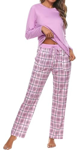 Uniexcosm Women's Pyjama Sets Cotton Checked Loungewear Set Long Sleeve Cotton Top and Pants Sleepwear for Ladies Pink