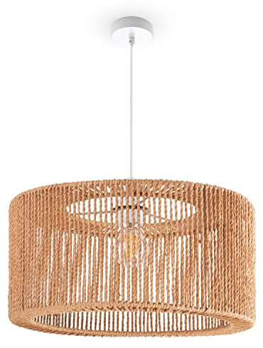 Paco Home Hängelampe Bambus Wohnzimmer Pendelleuchte Rattan Esstisch Esszimmer Lampe E27 Hängeleuchte Papier Boho, Farbe:Natur (Ø40cm), Leuchtenart___Farbe:Pendelleuchte - Weiß