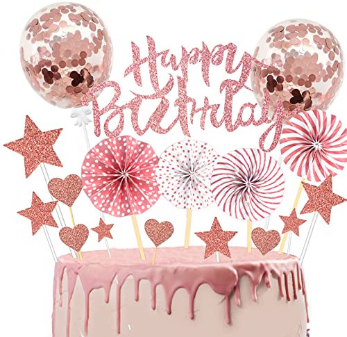 24 Stück Tortendeko Mädchen, Glitzer Cake Topper, Roségold Kuchendeko, Herze Sterne Cupcake Topper, Torten Deko für Frauen Mädchen Kinder Geburtstag Party