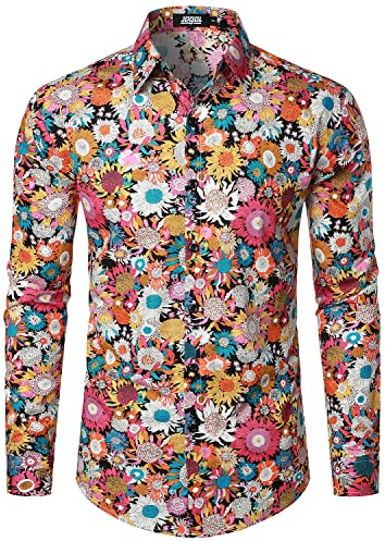 JOGAL - Camicia da uomo a maniche lunghe, vestibilità normale, con motivo floreale stampato, abbottonatura, per il tempo libero, XXL