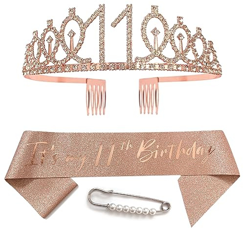11ème anniversaire écharpe anniversaire fille anniversaire couronne femme épingle à cheveux princesse accessoires cheveux or rose anniversaire écharpe diadème couronne pour joyeux anniversaire