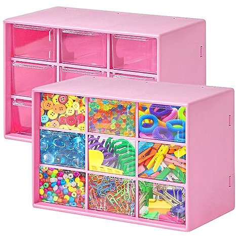 Scatola portaoggetti con 9 cassetti(2 pezzi), piccoli cassetti trasparenti in plastica per piccole forniture per ufficio, giocattoli, gioielli, collezione di cosmetici (rosa rosa)