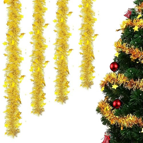 Shallyong Guirlandes Tinsel Noël, 6 Pcs Guirlandes de Noël Dorées, Pour Décoration Intérieures et Extérieures