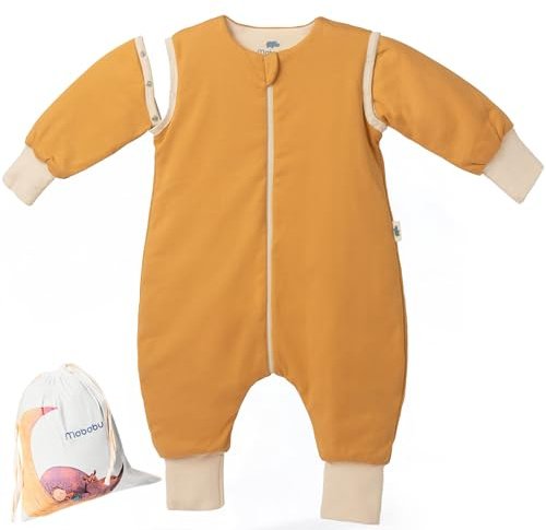 Mababu Året runt babysovsäck med fötter och avtagbara ärmar – 2,5 TOG – 100% GOTS ekologisk bomull – året runt barnsovsäck med fötter – vikbara manschetter (karamell, 80 cm)