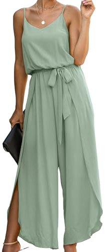 ASOMI Jumpsuit Damen Sommer Lang: Sexy Cocktail Elegant Mode Gürtel Overall Hochzeit Hawaii Urlaub Strand V-Ausschnitt Hosenanzug Business Baggy Festlich Spaghettiträger Outfit 84Lichtgrün L