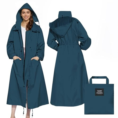 LAMA Womens Long Raincoats Rain Jacket Waterproof Packable Outdoor Hooded Windbreaker Lightweight Adjustable Waist for Outdoors(Sea Blue, XL)