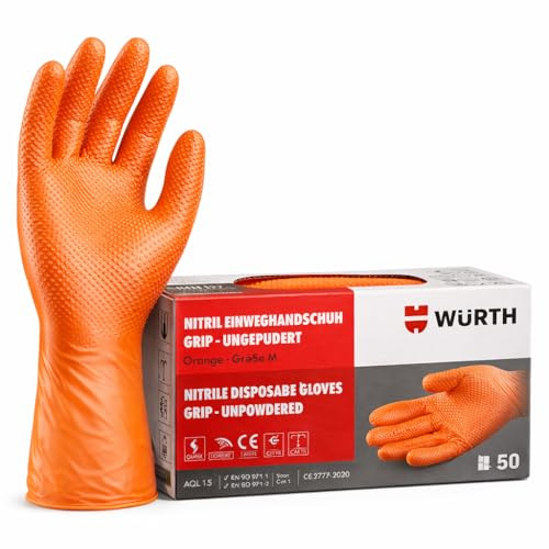 Wuerth Wurth Guantes de Nitrilo, Textura Diamantada, Color Naranja, Resistentes a Químicos (Talla M)