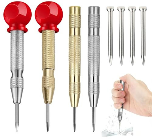 CZAYEFNH Punzón Central Automático，4 piezas Punzon Automatico Punzones para Metal Punzones Central Punzonado Central Ajustable con 4 Puntas de Repuesto para Madera Plástico Ventanas Metal