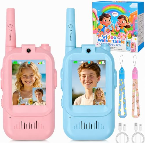 Walkie Talkie Kids, Video Walkie Talkies for Kids, Long Range 2 Way Walkie Talkies Toys with Screen Display & Voice Changer, Toys for 3-8 Year Old Boys Girls Birthday (Blue&Pink)
