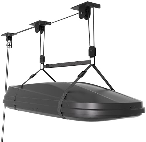 KOSEOO Cargo Box Pulley System for Garage Storage, Heavy-Duty Kayak/Canoes/Bikes/Ladders Ceiling Hoist, Hold Up to 150 lbs Capacity, Fit 10-18 Foot Ceilings, Black