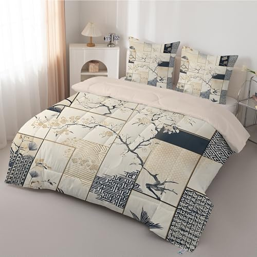 dyausi Japanisch Bettdecke 200x220, Wende Japan Kirschblüten Ganzjahresdecke, 4 Jahreszeiten Bettdecken 200x220 Patchwork, Weiche Waschbare Bettdecke Ohne Bezug mit 2 Kissenbezug, H-19