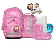 ergobag Pack Set Bundle AW24/25, ergonomischer Schulrucksack flexibel 7-teilig Set 1. Klasse Grundschule für Mädchen und Jungen WolkenzauBär - Pink