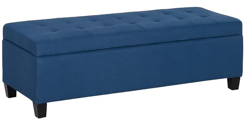 HOMCOM Banc de Rangement 94,5L Banquette Bout de lit Coffre de Rangement avec siège capitonné en Tissu Aspect Lin et Pieds en Bois, pour Salon, Chambre, entrée, 125 x 49 x 41,5 cm, Bleu