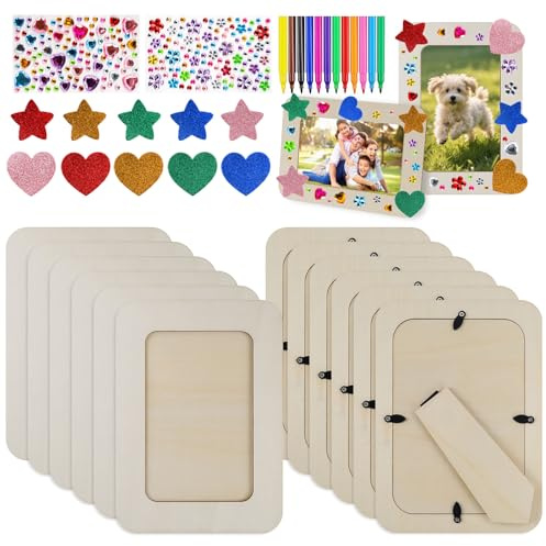 RICKMASK Marcos De Fotos De Madera Para Manualidades 15x20cm: 12 Piezas Marco de Foto Decoración con 12 pinceles, Pegatinas de Strass, Estrellas y Corazones para Cuadros para Dibujos Niños Adultos