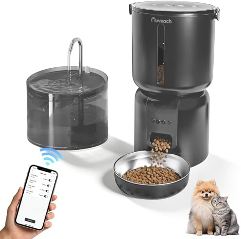 Auveach Comedero Gato Automatico y Fuente para Gatos Set - 4L WiFi 2.4G Dispensador de Comida para Gatos Perros con Temporizador Programable, 1-10 Comidas al Día, Cuenco de Acero Inoxidable (Oscuro)
