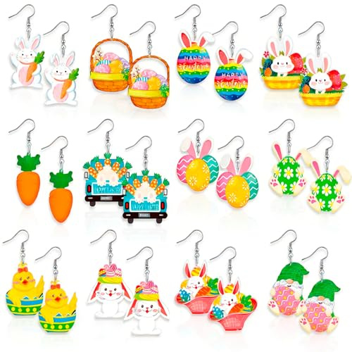 Juego de 12 pares de pendientes de Pascua para mujer y niña, acrílicos, conejos, huevos, zanahorias, divertidos pendientes, joyas de Pascua, regalos ideales para Pascua y regalos de Pascua, decoración