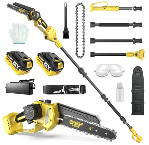 2 en 1 Sierra de Cadena a Batería Motor Sin Escobillas, Compatible Makita 18V, 8 Pulgadas, 2×4.0Ah, Vástago 4.2m, Cabezal 180°, Para Podar Ramas & Cortar Madera (yel)