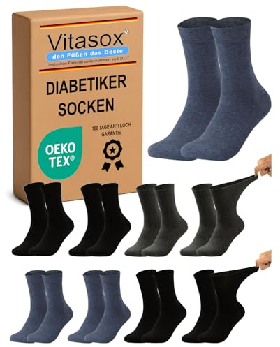 Vitasox Chaussettes diabetiques pour homme, lot de 8 Paires Noir, Anthracite & Bleu Jean, bas en Coton – Médicales Sensibles Sans Élastique & Sans Couture – 31134-35 47-50