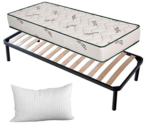 EvergreenWeb Sängset med ribbotten + madrass, 90 x 195 cm + 4 minneskuddar gratis, ortopedisk, hårdhet H2/H3 med Aloe Vera-överdrag med massageeffekt, förstärkt sängram, 4 avtagbara fötter