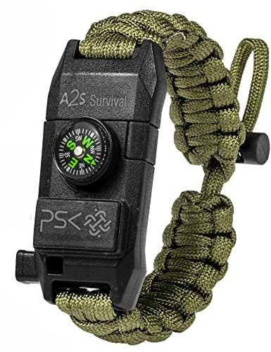 PSK Paracord Bracelet 8-en-1 Kit de survie personnel Couteau de survie urbain et extérieur, allume-feu, brise-verre, sifflet de survie, miroir de signalisation, hameçon et ligne, boussole