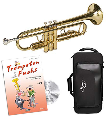 Cascha Trompeten Fuchs Anfänger-Set deutsch I hochwertige Bb Trompete für Einsteiger inkl. Zubehör I Trompeten Fuchs Band 1 - stabiler Trompeten-Koffer - Mundstück I Einsteiger-Set Trompete Gold