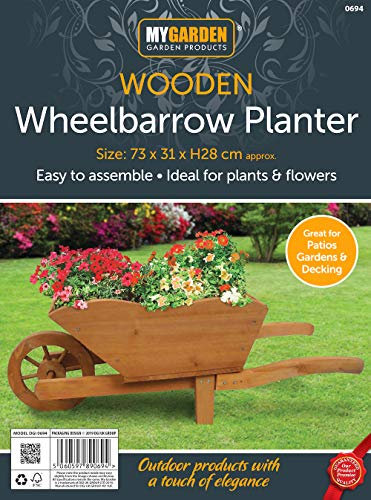 My Garden Wooden Wheelbarrow Planter - Rustic Finish Wooden Garden Ornament - Heavy Duty Wheelbarrow Decorative Garden Planter