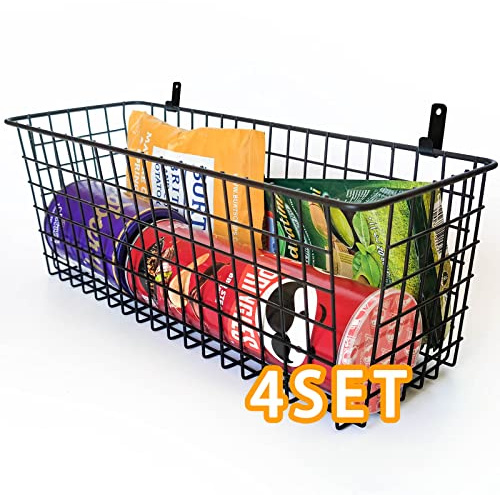 Viloth Wall Basket, 4 Set Extra Large Hanging Baskets for Organizing with Hooks, Rustic Farmhouse Decor, Wall Mount Metal Baskets for Bathroom Office Kitchen Cabinet Storage (Black)