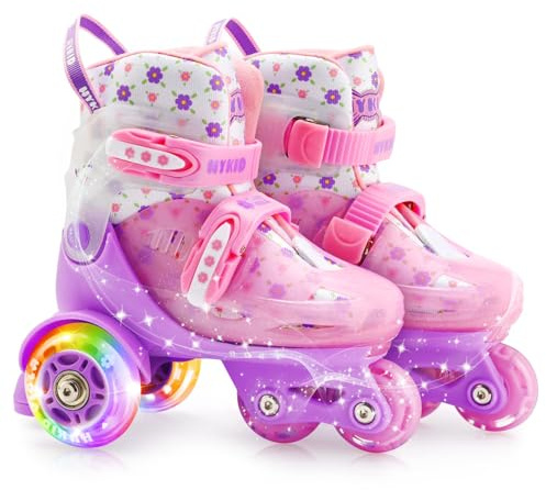 HYKID Toddler Roller Skates, 4 Adjustable Sizes, Fun Illuminating, Safety Three-Point Type, Breathable Upper, Beginners' Roller Skates for Girls Boys Kids (Charming Viola, XS-Small,8-10.5)