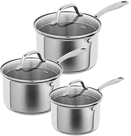 Kuhn Rikon Allround Plus 3-Piece 18/10 Stainless Steel Saucepan Set with Glass Draining Lids, Riveted Stay-Cool Handles & Two Pouring Spouts - 16cm, 18cm & 20cm. Induction Hob & Oven Safe