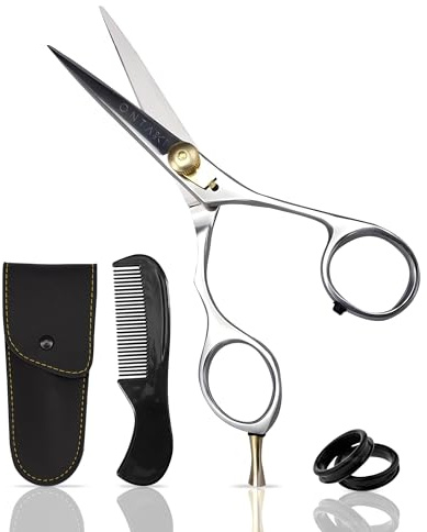 Ontaki Japanese Mustache & Beard Scissors - 5.5 420C Steel Left Hand - Ergonomic Bent-Handle Hair Shears for Precision - Pro-Grade Blades for Barber Scissors - Beard Trimming Kit with Comb & Pouch
