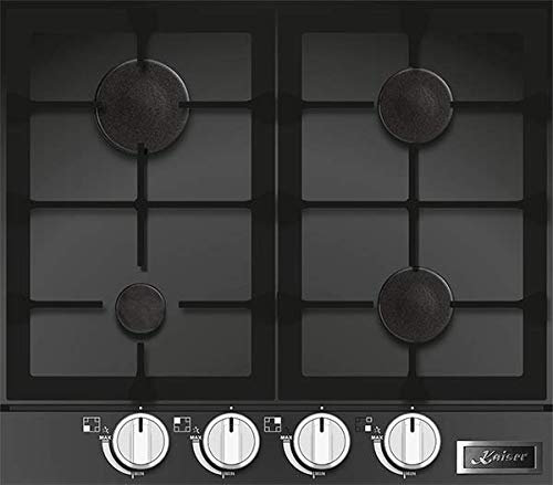 Kaiser KCG 6387 Gas Kochfeld 60cm, Autark,Gaskochfeld,Gas auf Schwarzem Glas,Glaskeramik Gaskochfeld Einbau, Gasherd Einbau,3,8 kW Wok mit Adapter,4 flammig,Erdgas,Fl.Gas,Bedienblende aus Edelstahl