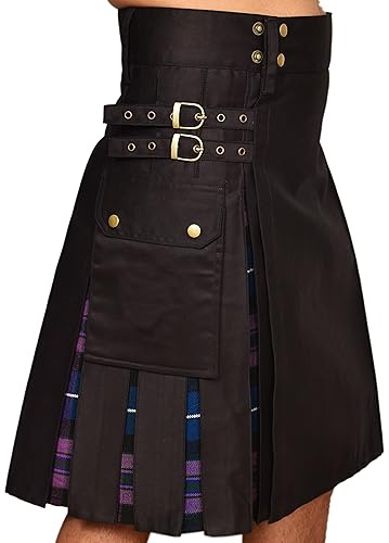 ASU KILTS-Modern Hybrid Utility Cotton & Tartan Kilts for Men-Multiple Tartans Kilt for Men (Black & Pride of Scotland Tartan, 30)