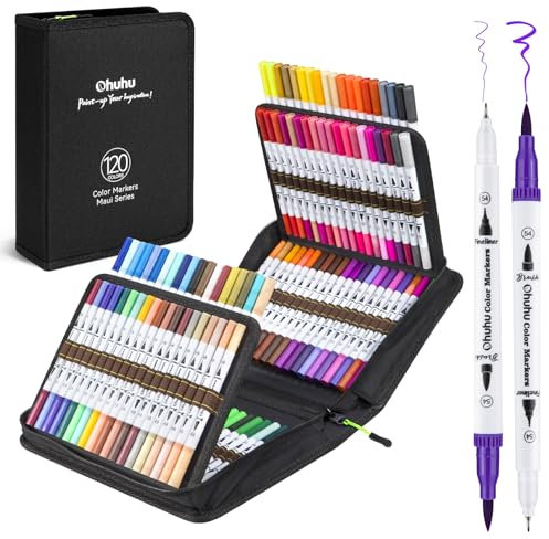 Ohuhu Maui 120 Farben Filzstifte Dual Brush Pen Set mit Doppelspitze (Pinsel & Fineliner), wasserbasierte Stifte für Erwachsene – Ideal für Bullet Journal Kalligraphie Mandala, inkl. Tragetasche